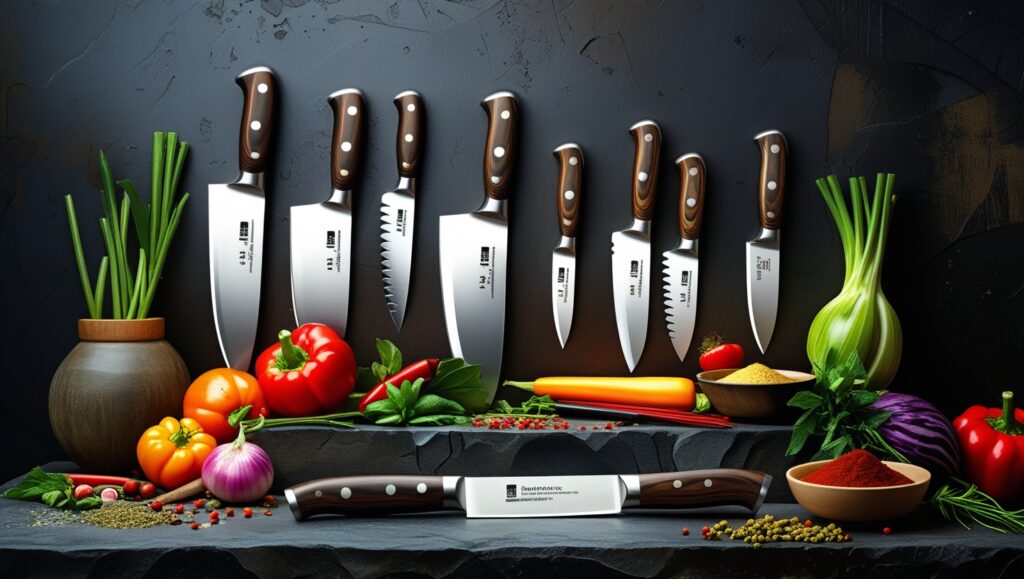 Premium handcrafted knives displayed on a rustic wooden surface with fresh vegetables and herbs, showcasing sharp edges and high-quality craftsmanship, perfect for culinary enthusiasts